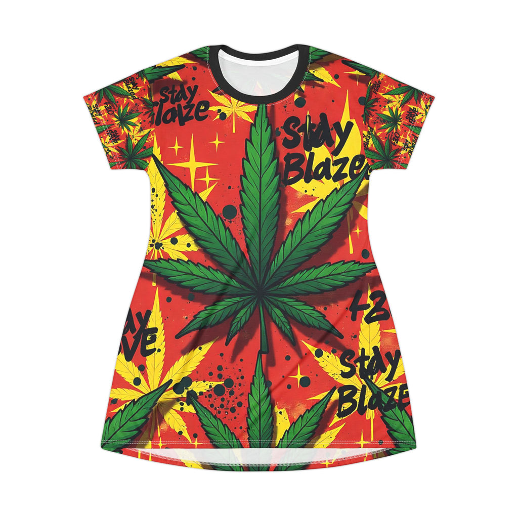 Stay Blazed T-Shirt Dress | Vibrant Cannabis-Themed Summer Dress for Relaxed Vibes