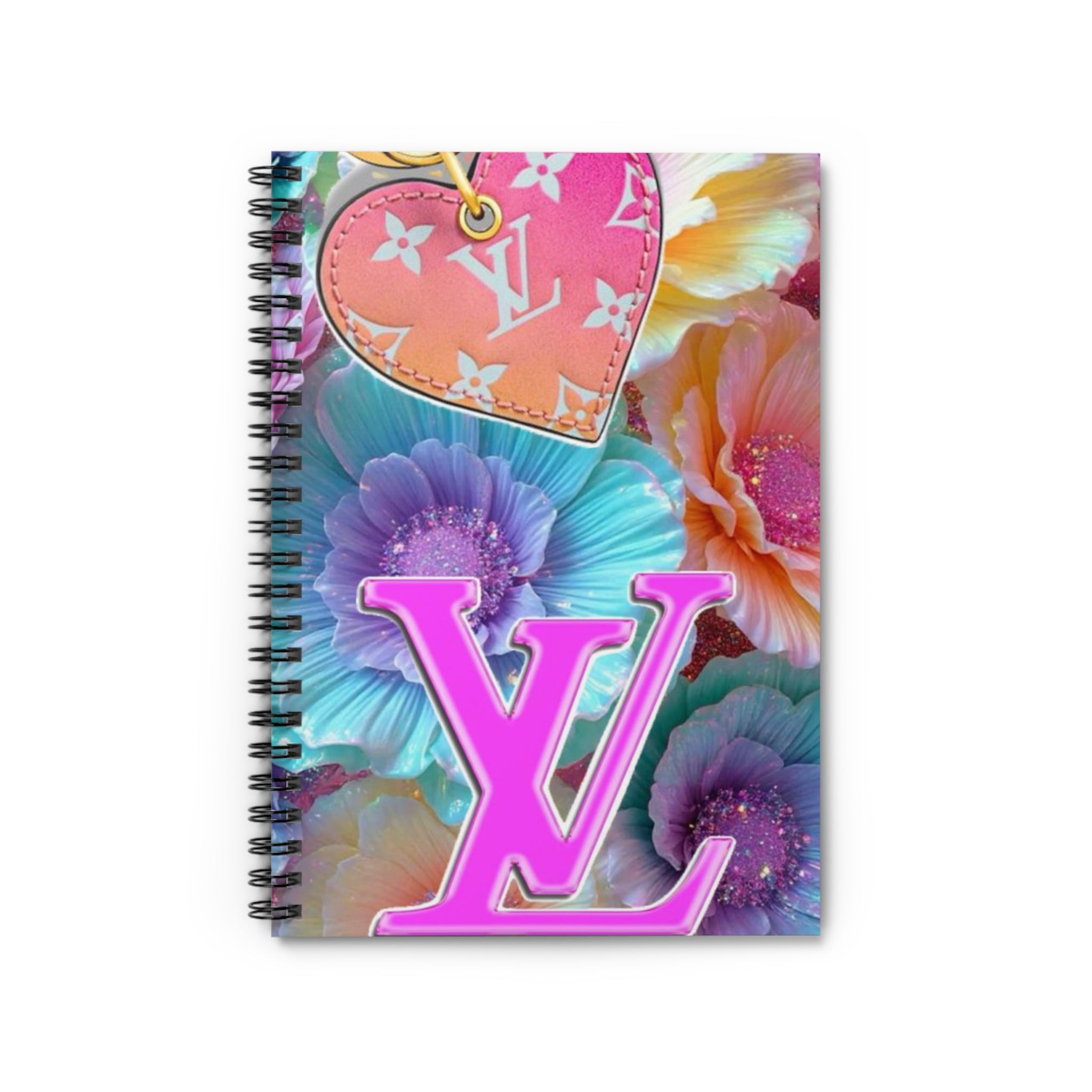 Floral Monogram Notebook — Pink LV Heart Spiral Ruled Journal