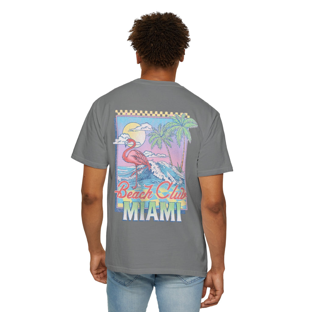 Miami Beach Club T‑Shirt — Retro Flamingo Tropical Floral Graphic Tee