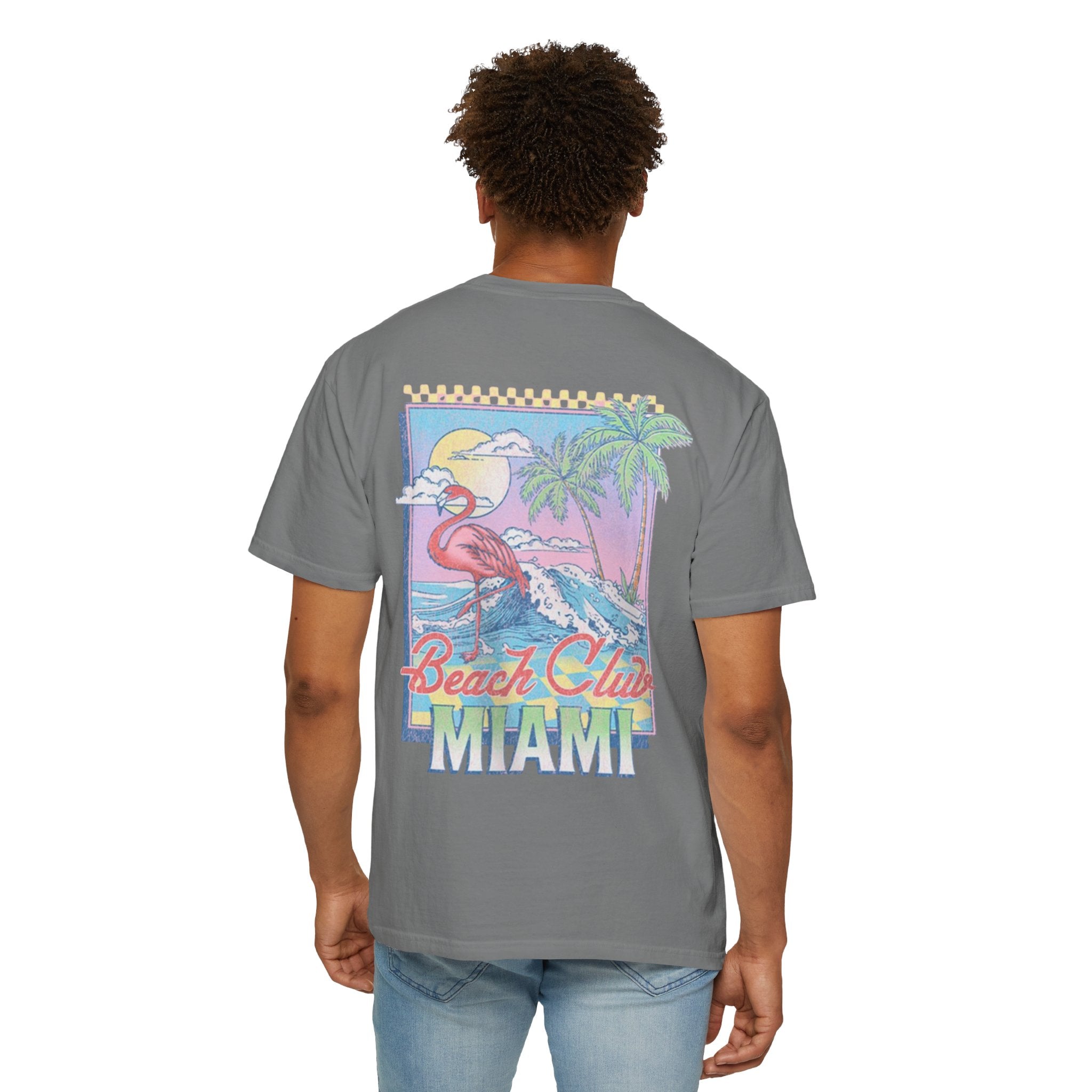 Miami Beach Club T‑Shirt — Retro Flamingo Tropical Floral Graphic Tee