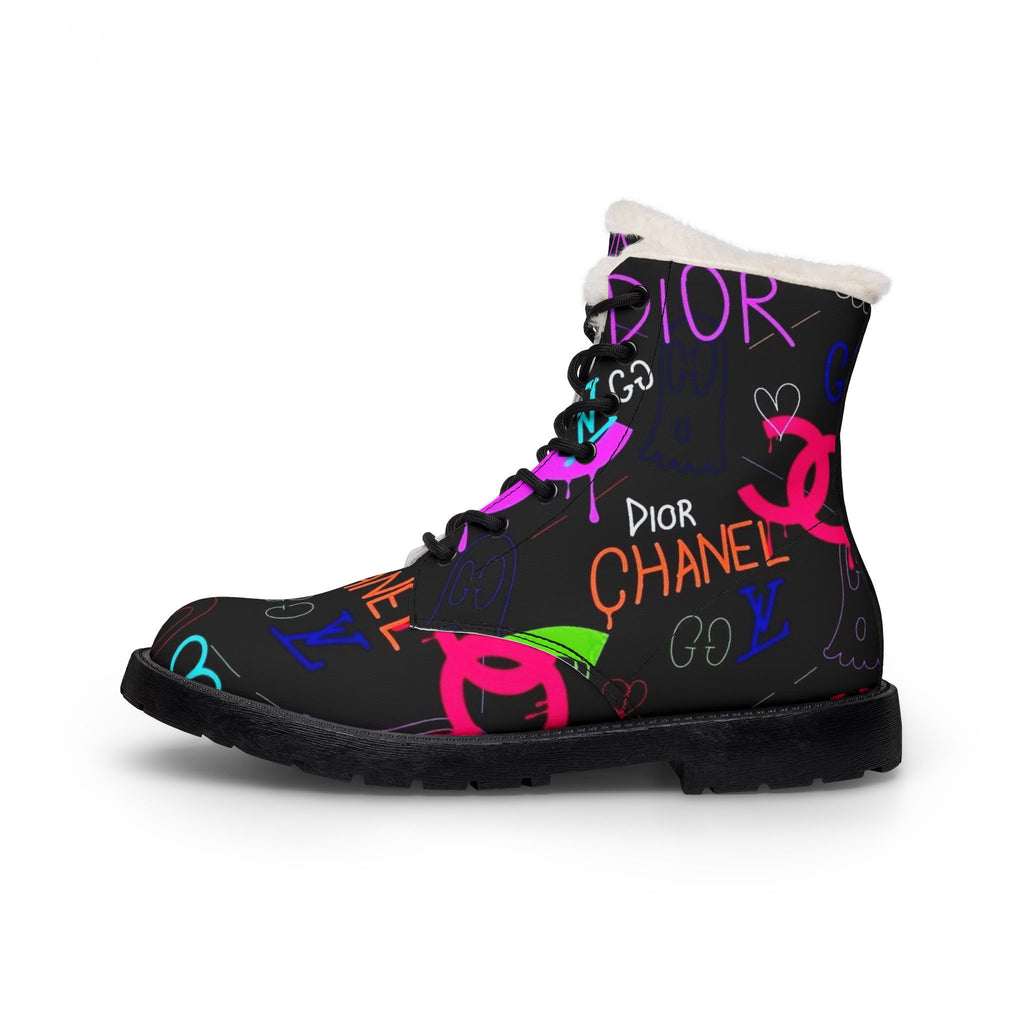 Graffiti Logo Fur-Lined Leather Boots — Colorful Designer-Inspired Women’s Winter Boots