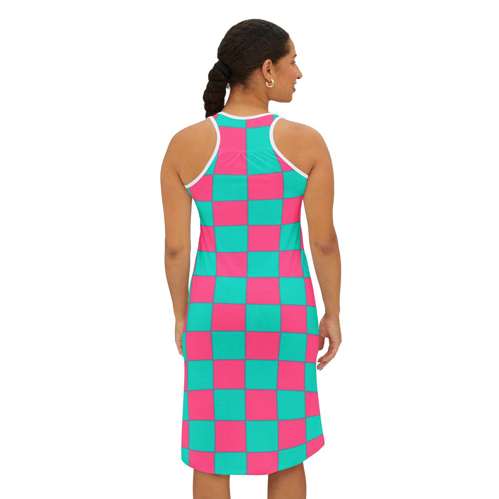 Checkerboard Racerback Dress — Pink & Teal All-Over Print