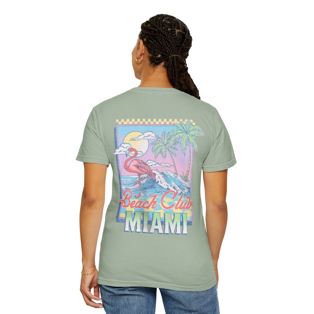 Miami Beach Club T‑Shirt — Retro Flamingo Tropical Floral Graphic Tee