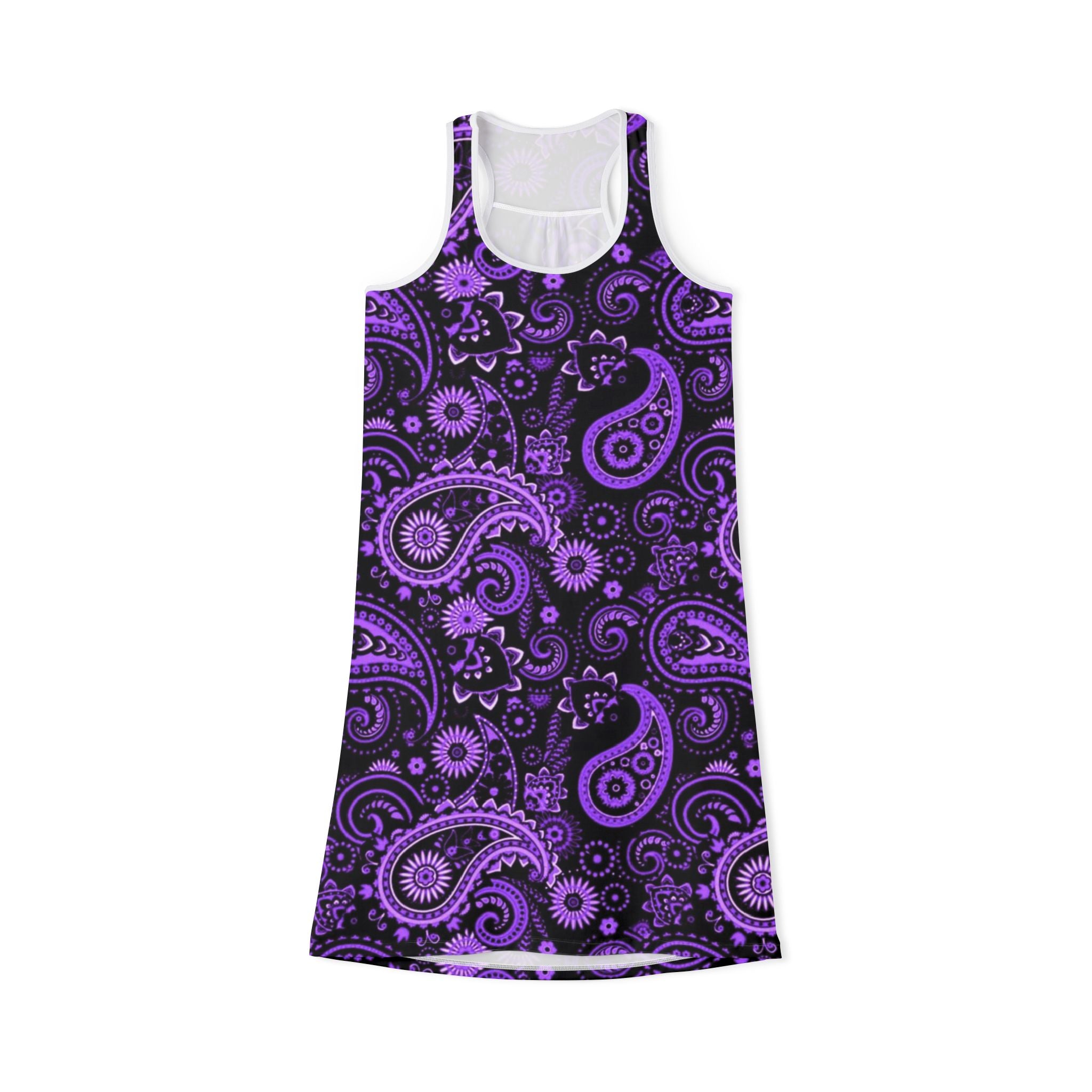 Purple Paisley Racerback Dress — Boho Floral AOP Shift Dress