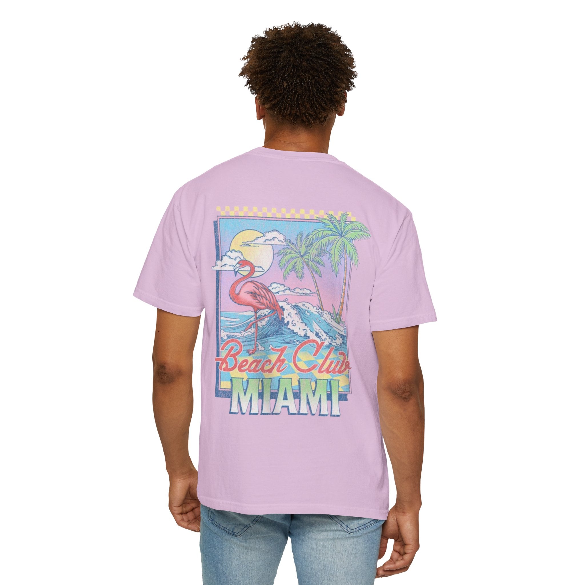 Miami Beach Club T‑Shirt — Retro Flamingo Tropical Floral Graphic Tee