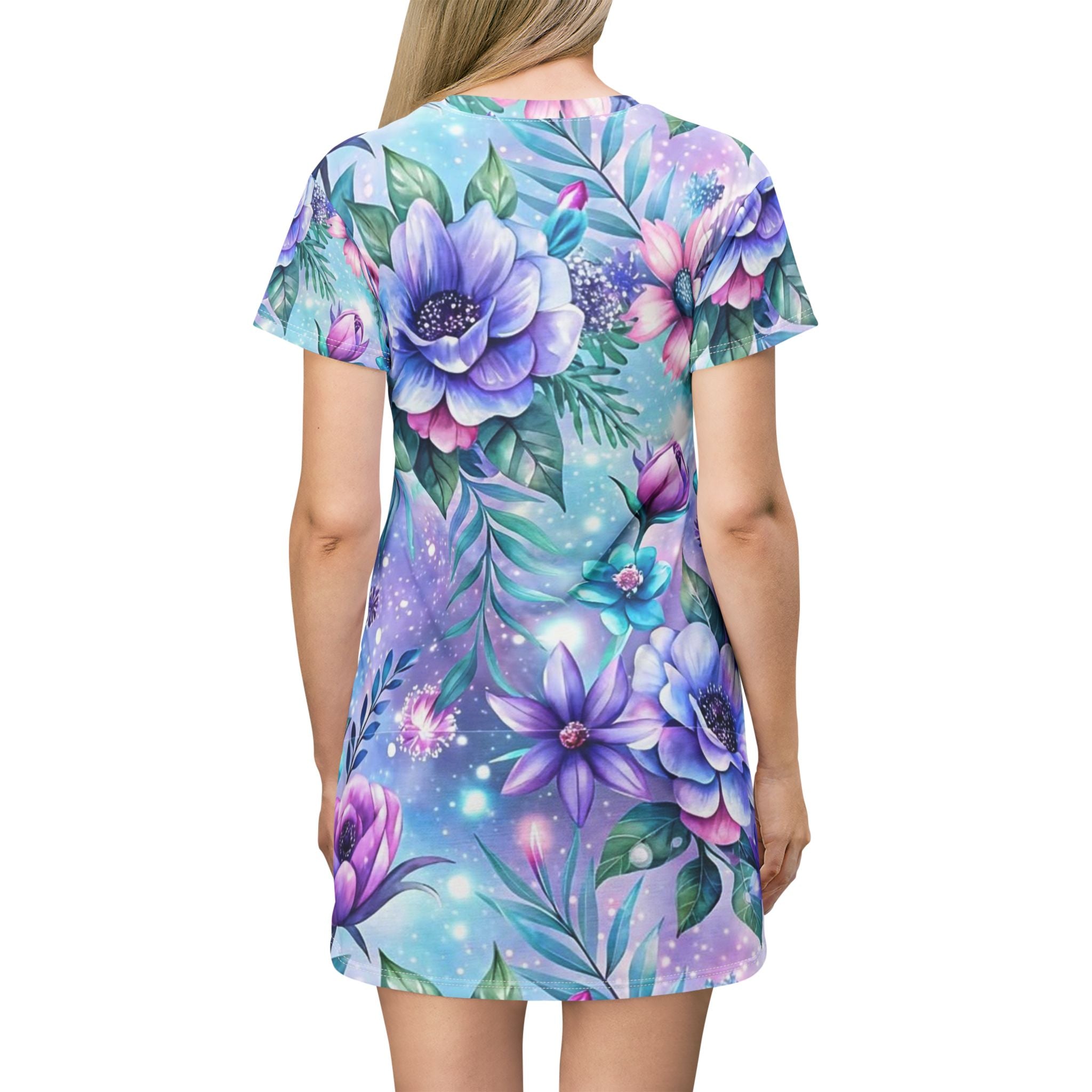 Floral Dream All-Over Print T-Shirt Dress — Pastel Purple & Teal Garden Vibes