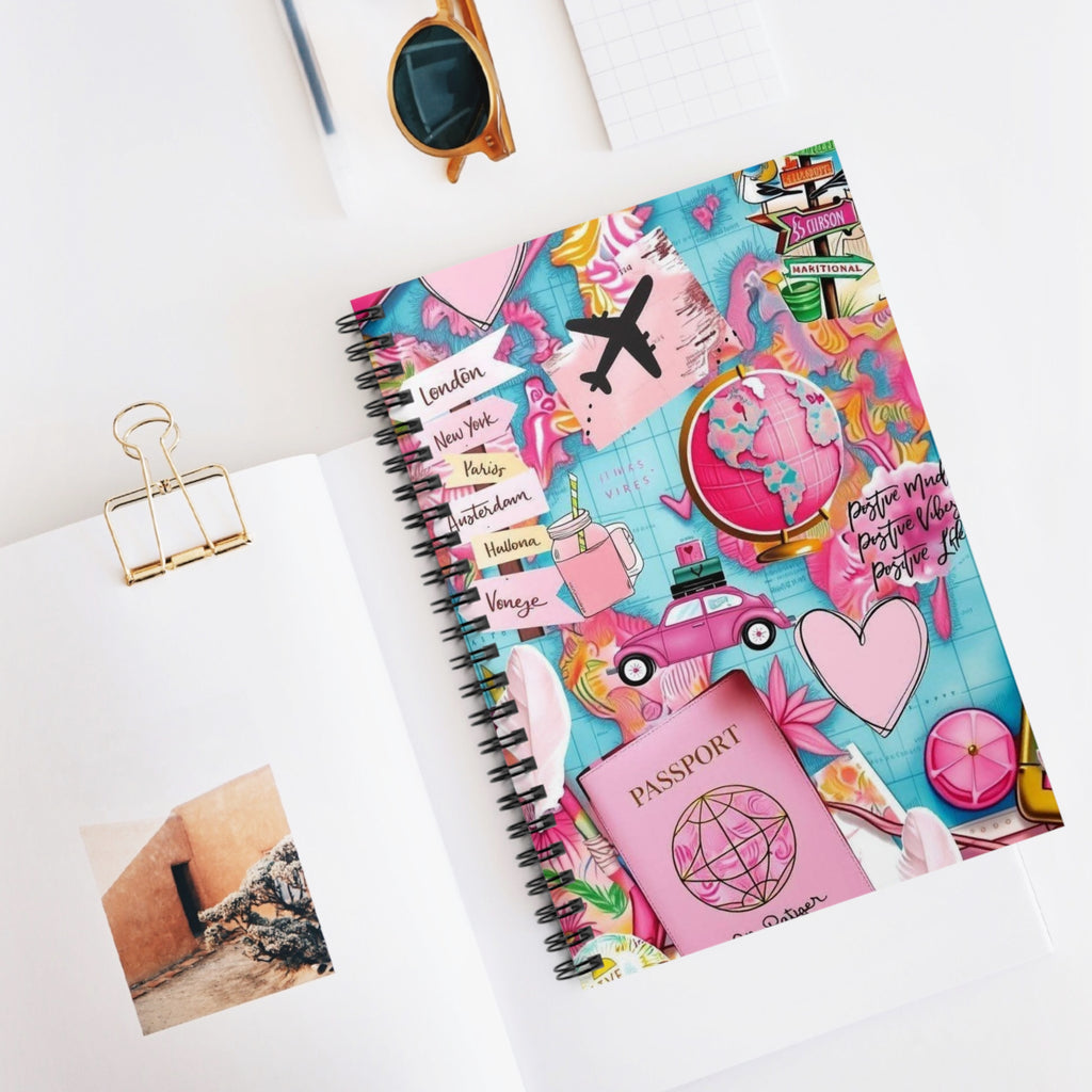 Travel Collage Spiral Notebook — Passport, Plane & Pink Adventure Journal (Ruled)