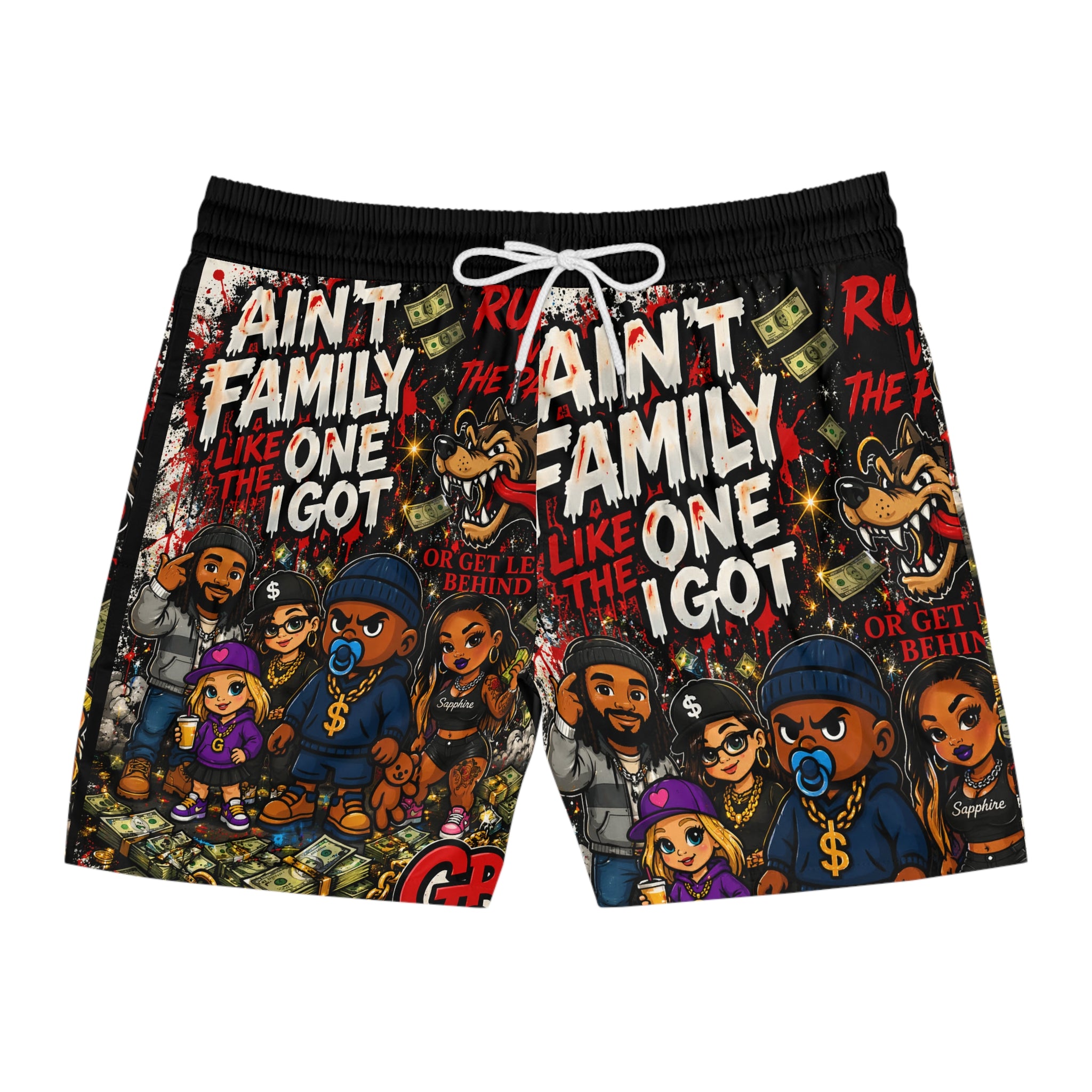 Ain't Family Swim Shorts - Bold Streetwear Cartoon All-Over Print