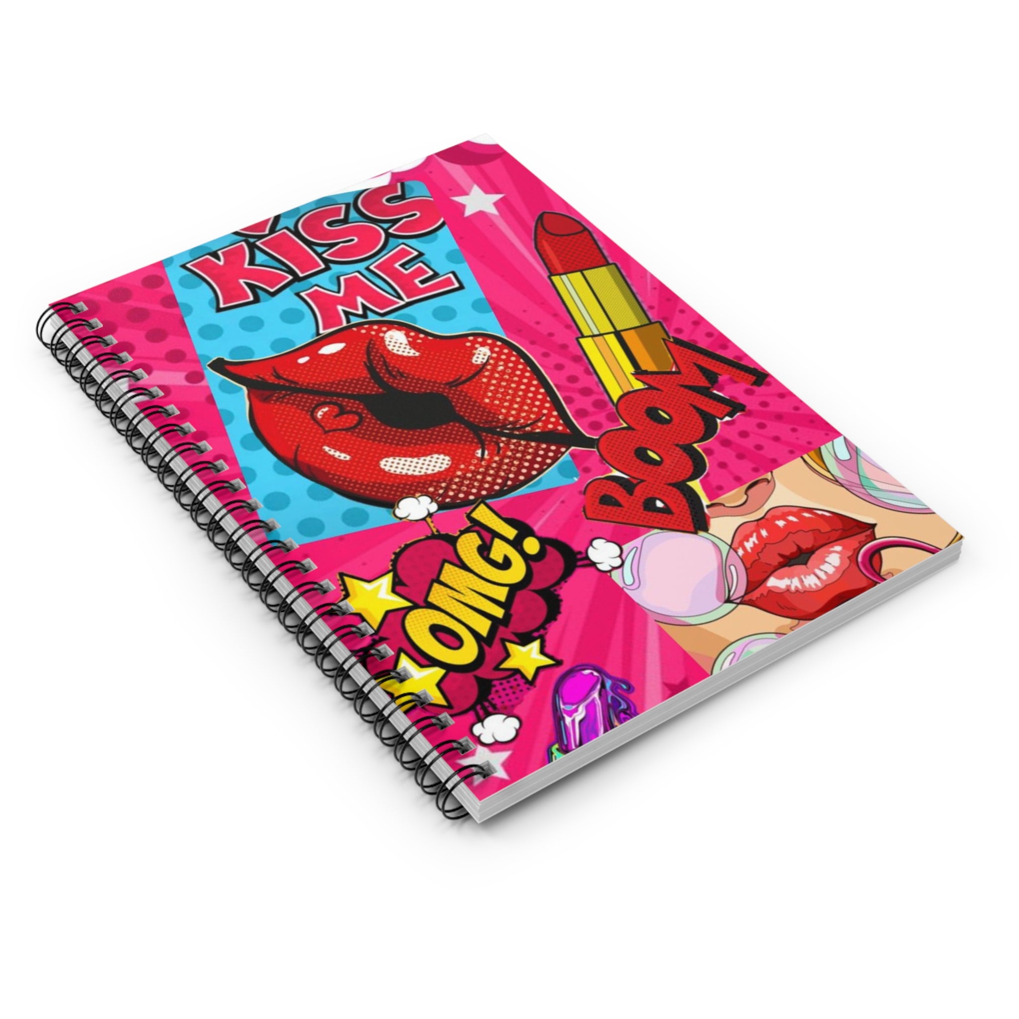 Pop Art 'Kiss Me' Spiral Notebook — Lipstick & Comic Graphic Ruled Journal