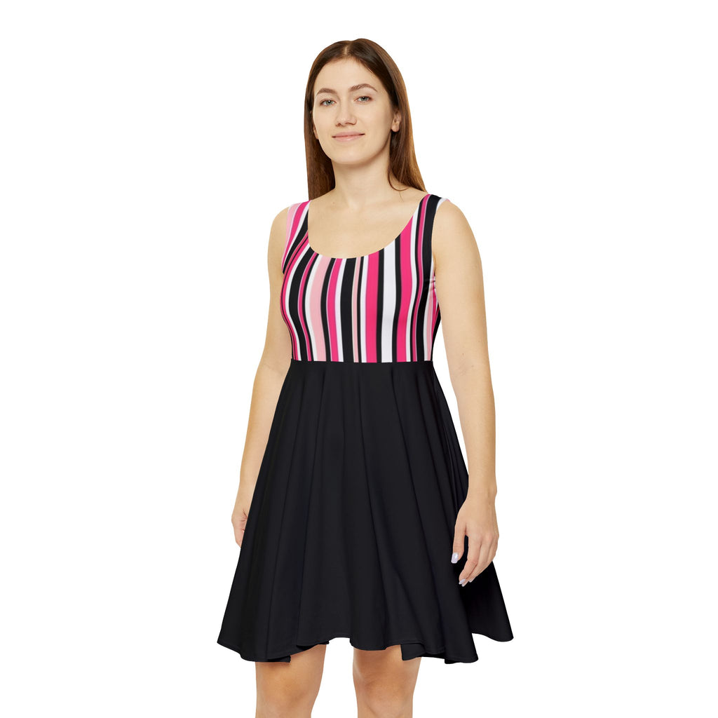 Striped Pink & Black Skater Dress — Women's Casual A-Line Summer Dress