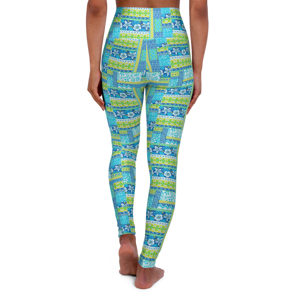 Floral Patchwork High-Waist Yoga Leggings — Blue Green Tropical Print