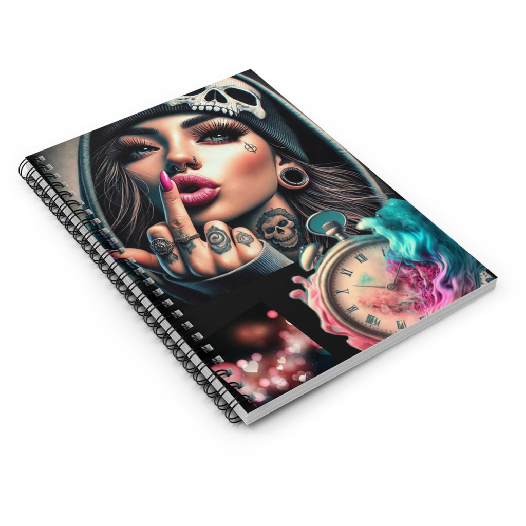 Edgy Skull Girl Spiral Notebook — Ruled Journal with Tattoo Clock Design