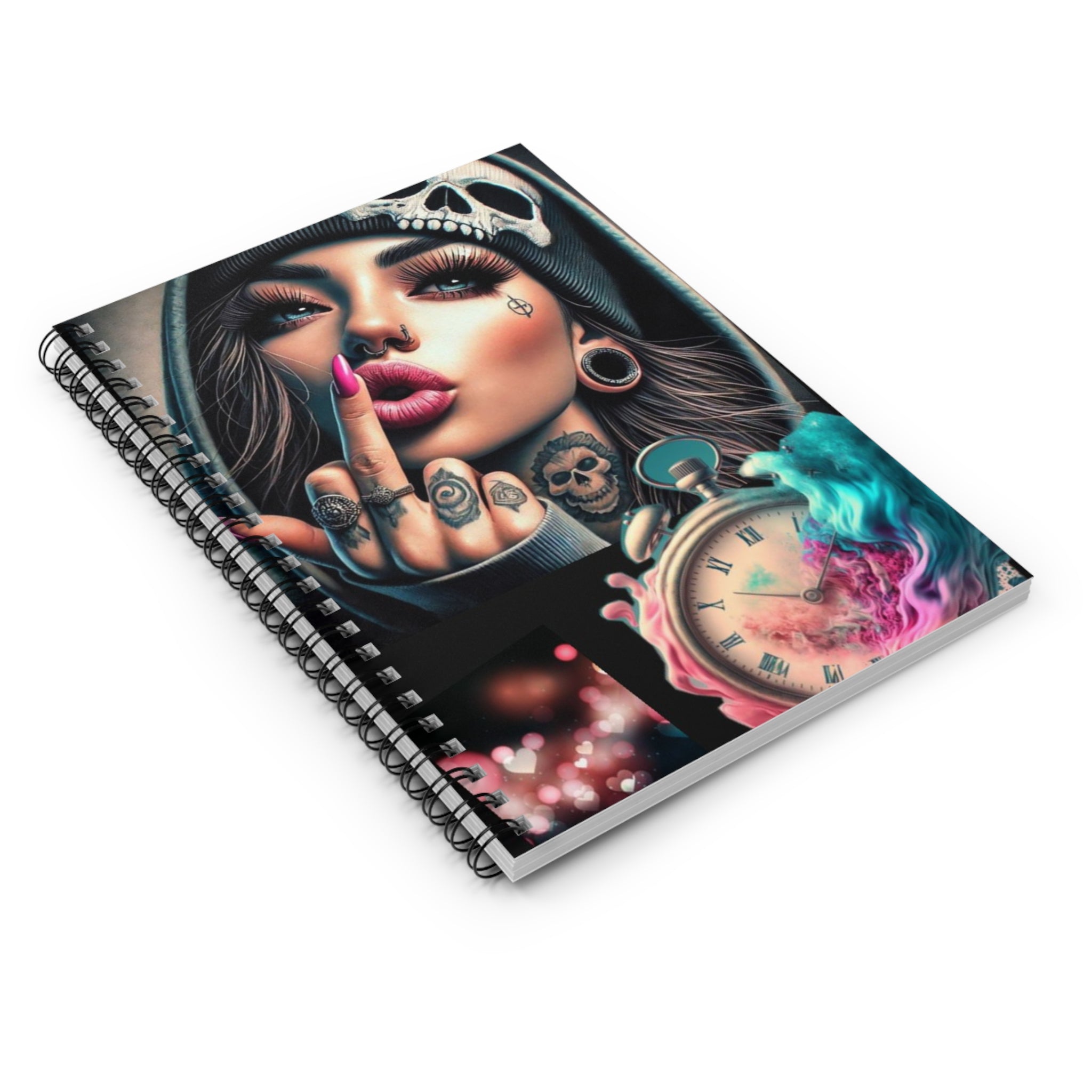 Edgy Skull Girl Spiral Notebook — Ruled Journal with Tattoo Clock Design