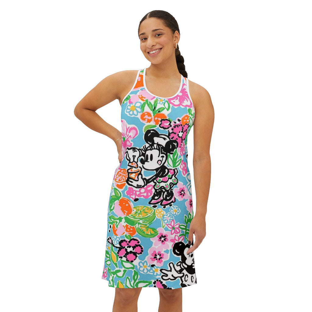 Floral Vintage Cartoon Racerback Dress — Retro Mickey & Minnie All-Over Print