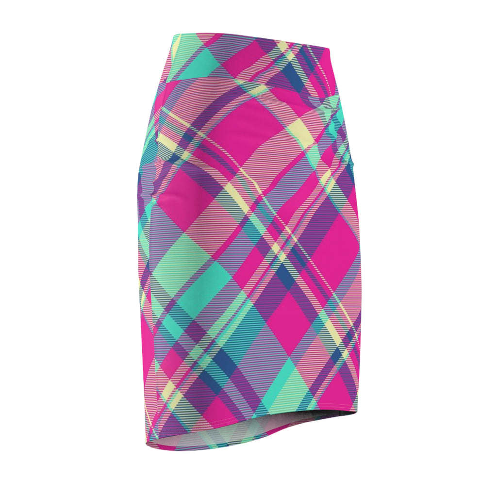 Pink Teal Plaid Pencil Skirt — Bright Plaid All-Over Print