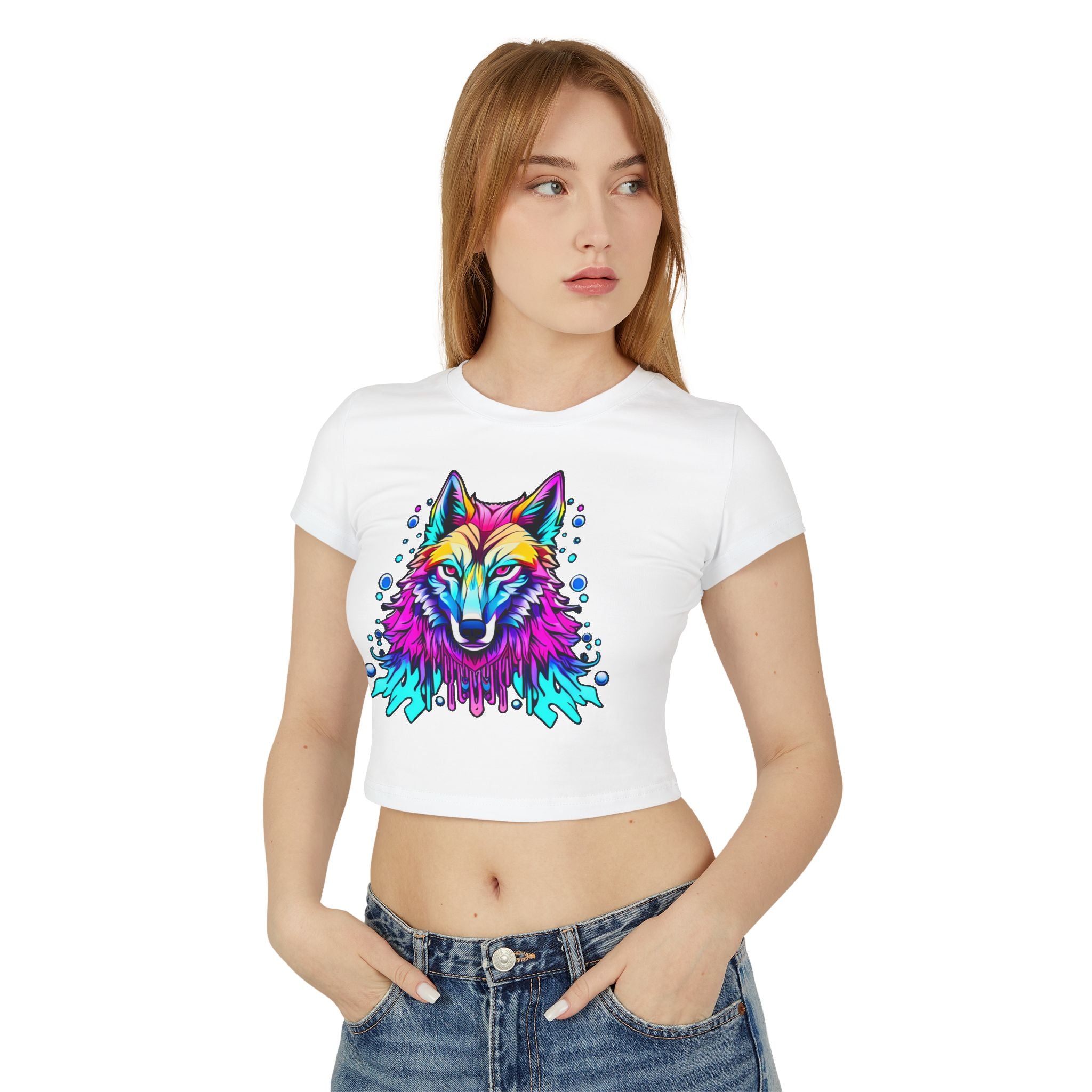 Colorful Wolf Women's Baby Tee — Vibrant Neon Wolf Graphic Crop Shirt