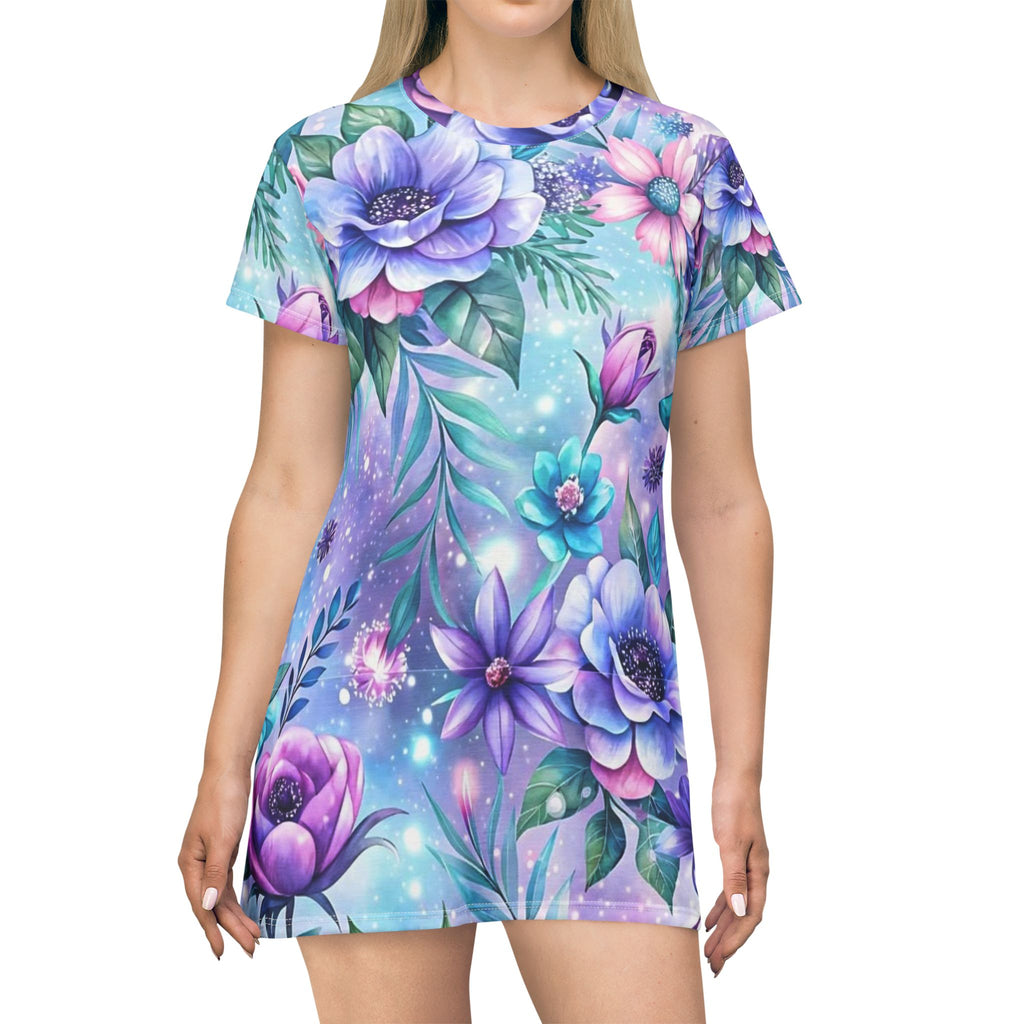 Floral Dream All-Over Print T-Shirt Dress — Pastel Purple & Teal Garden Vibes