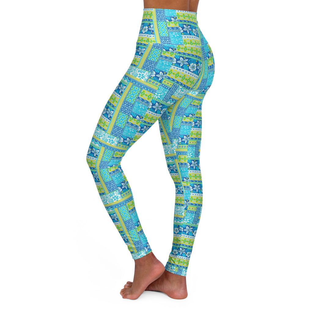 Floral Patchwork High-Waist Yoga Leggings — Blue Green Tropical Print