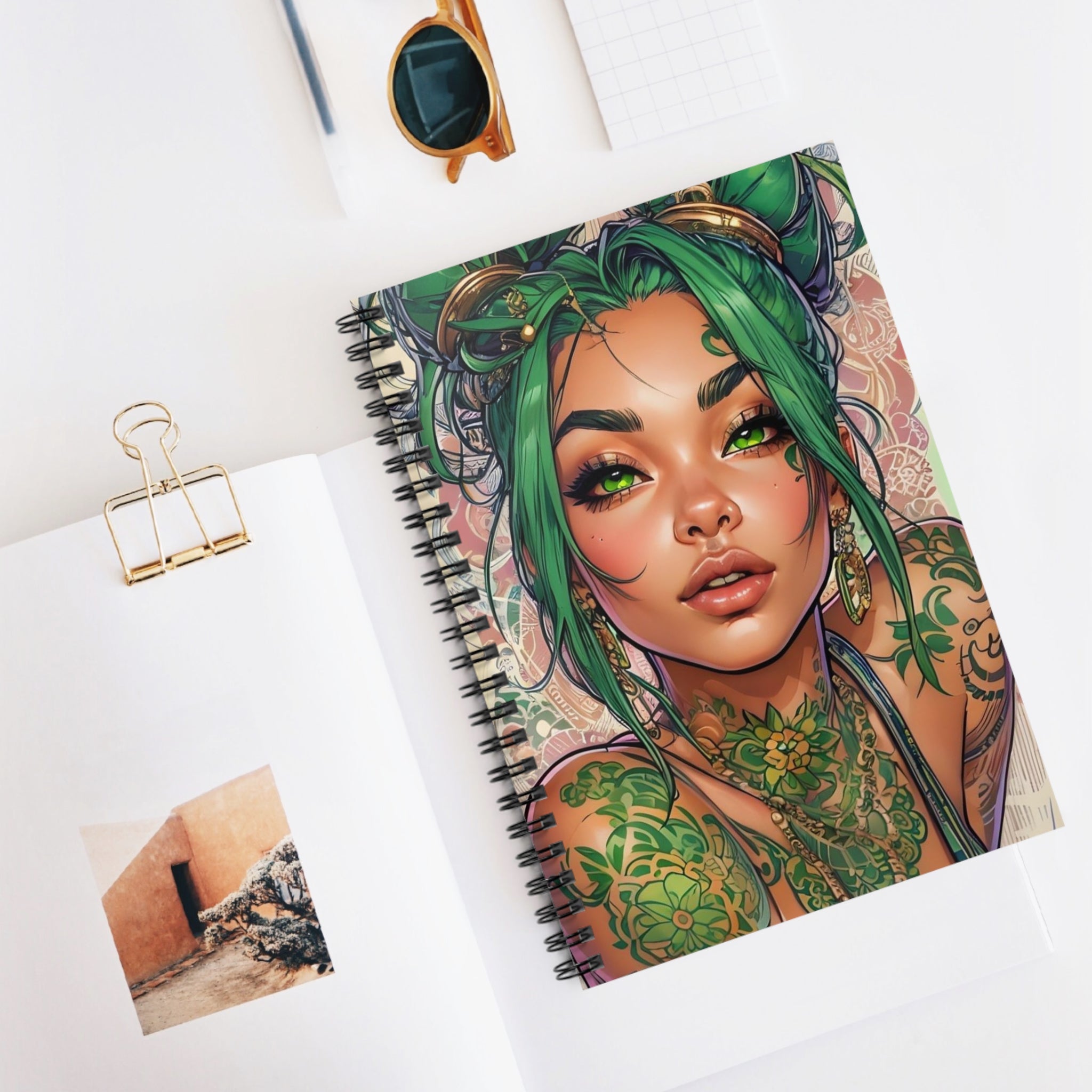 Green Tattooed Girl Spiral Notebook — Anime-Style Ruled Journal