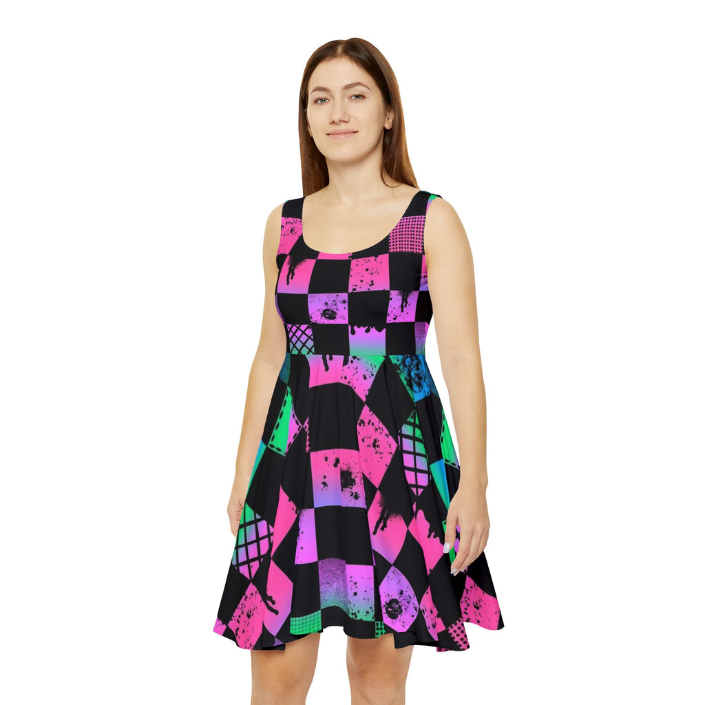 Neon Checkerboard Skater Dress — Retro 90s Punk AOP Dress