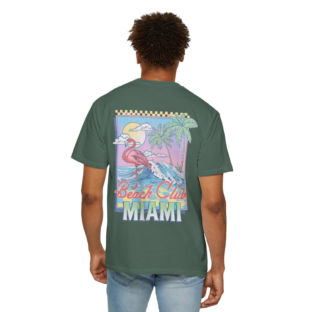 Miami Beach Club T‑Shirt — Retro Flamingo Tropical Floral Graphic Tee