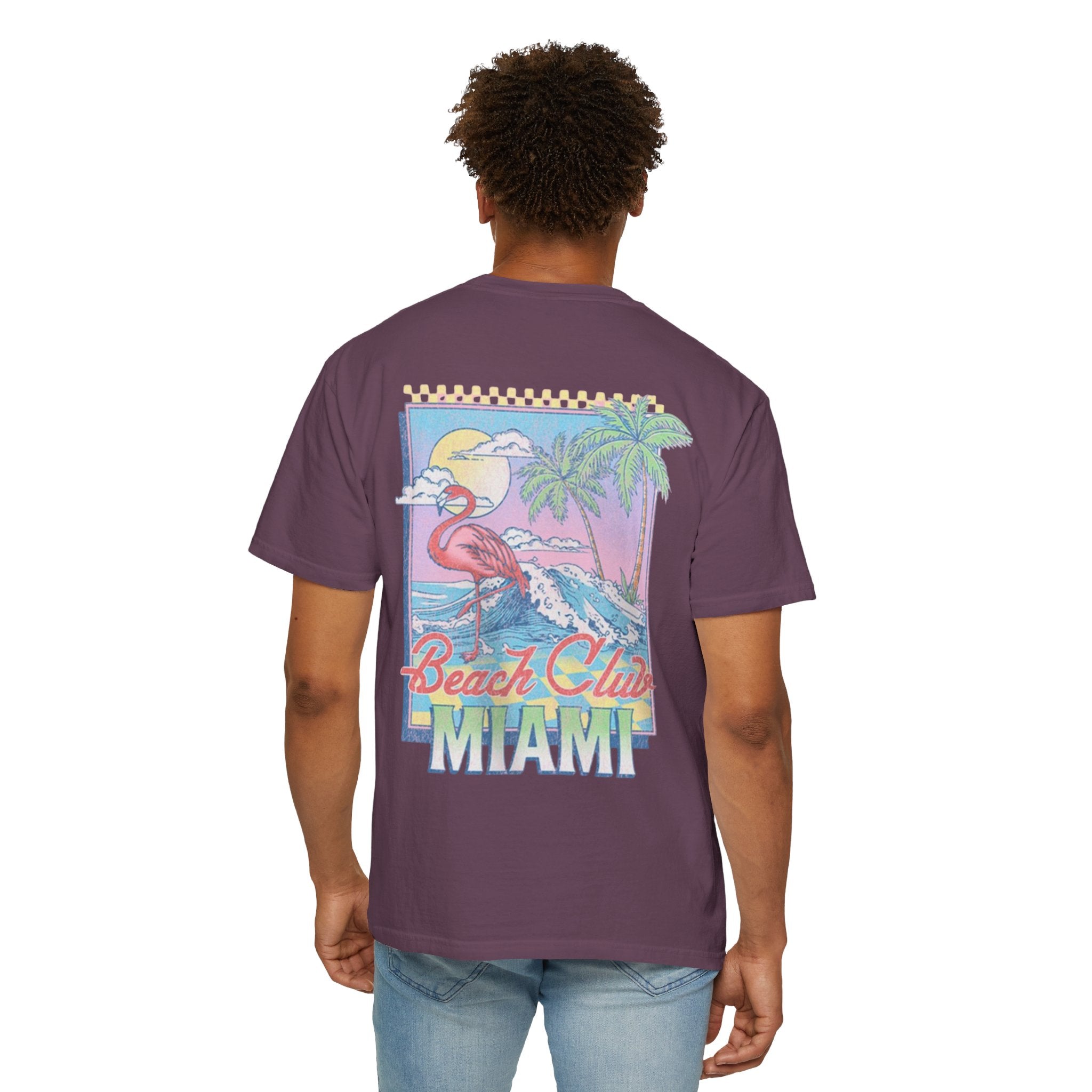Miami Beach Club T‑Shirt — Retro Flamingo Tropical Floral Graphic Tee