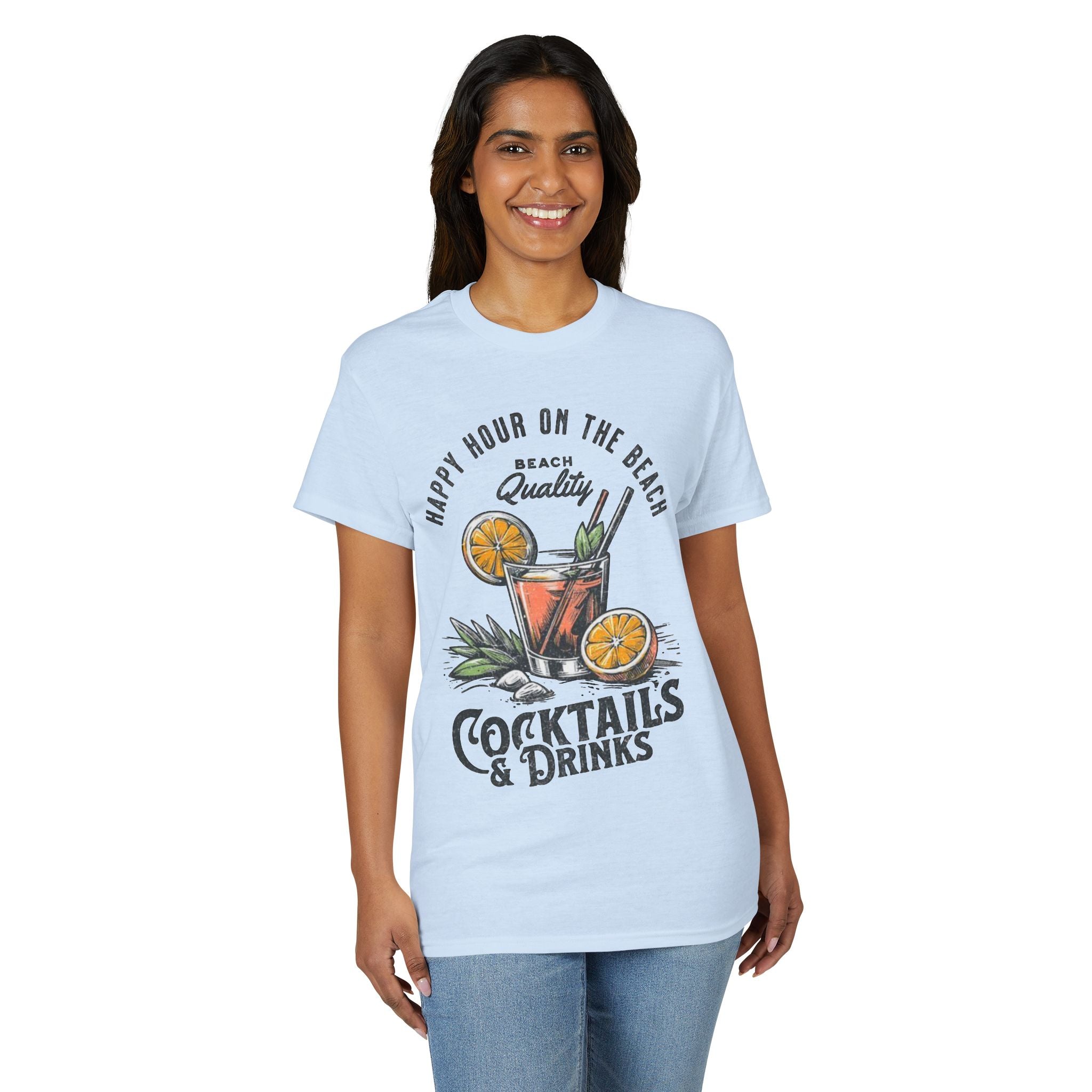 Cocktails & Drinks Beach T-Shirt — “Happy Hour on the Beach” Tropical Cocktail Tee