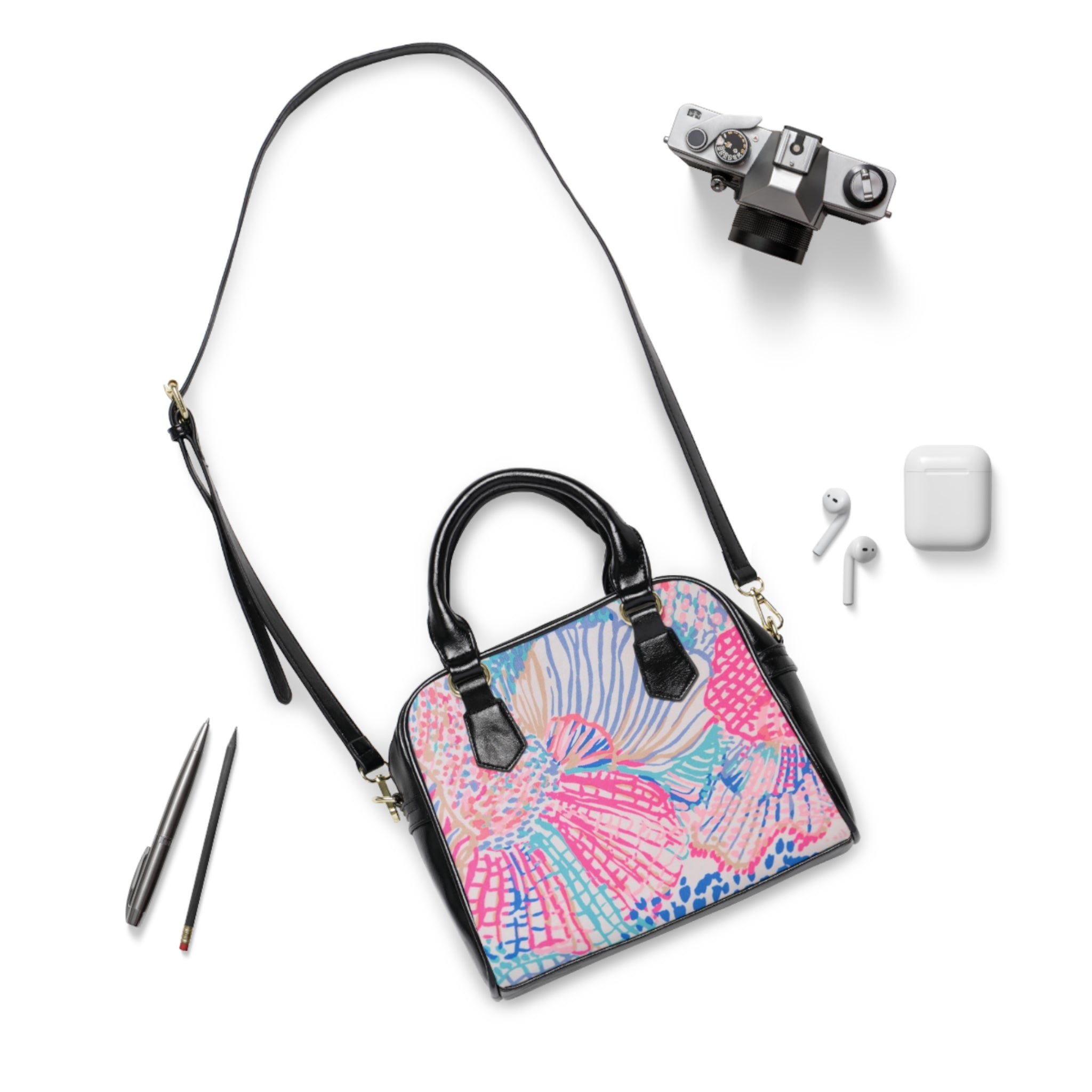 Floral Shell Print Shoulder Handbag — Pink Beachy Pattern Tote