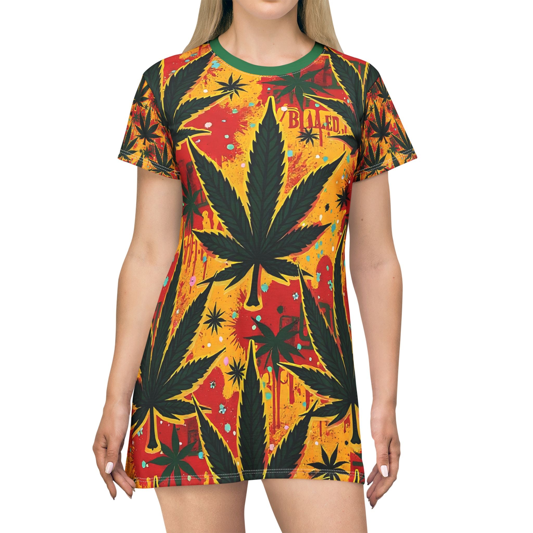 Bold Leaf Drip T-Shirt Dress – Street Art Summer Statement Dress