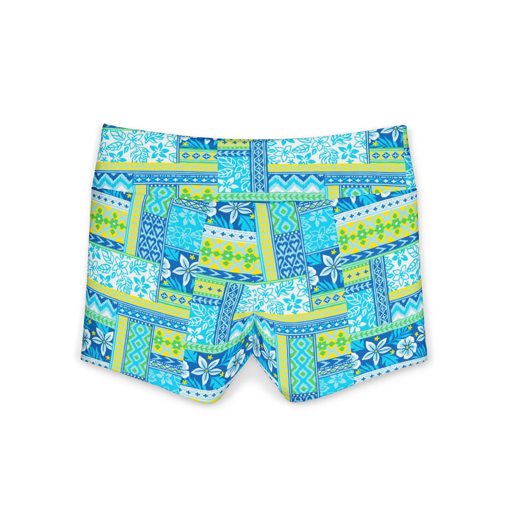 Blue Tropical Patchwork Yoga Shorts — Women's Floral Activewear