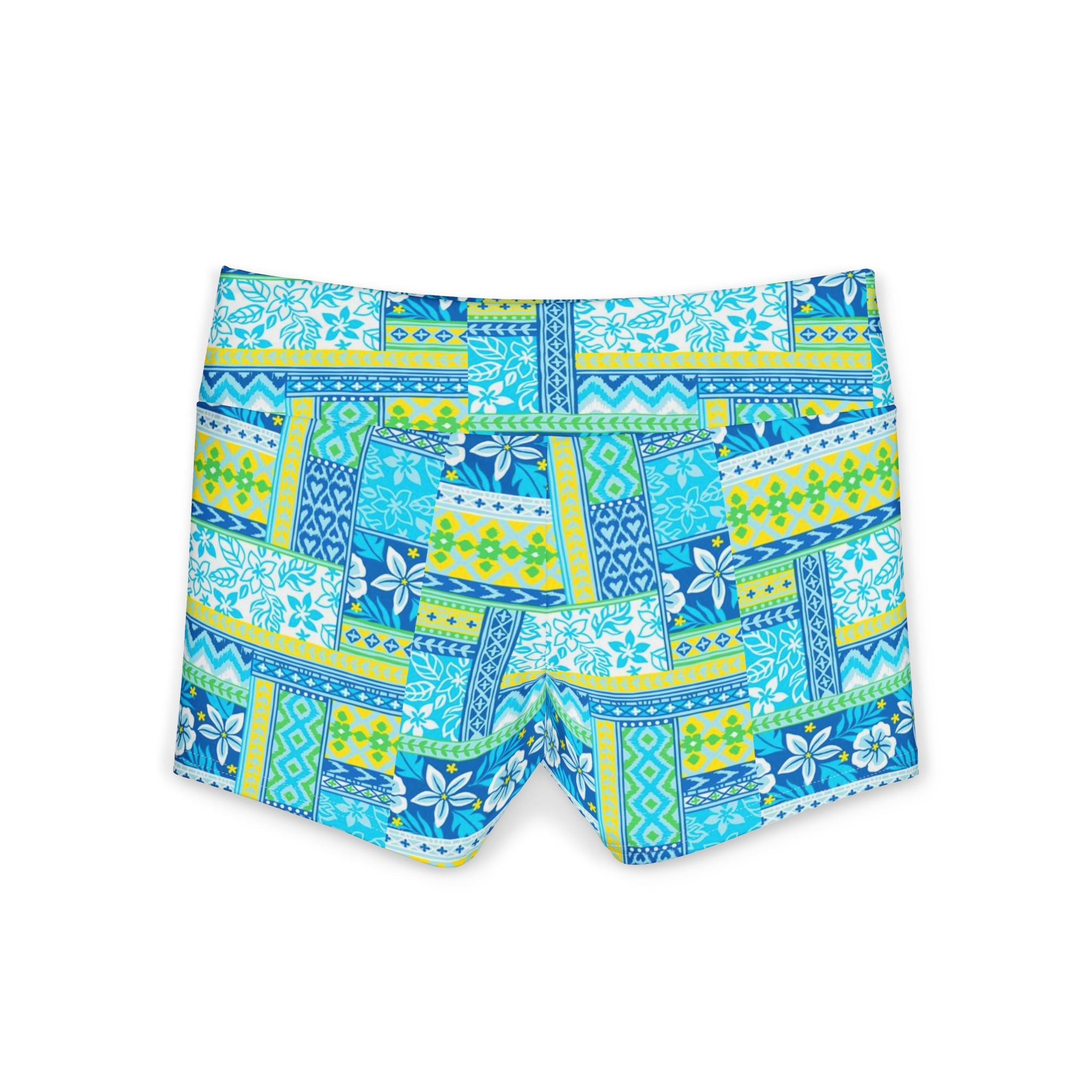 Blue Tropical Patchwork Yoga Shorts — Women's Floral Activewear