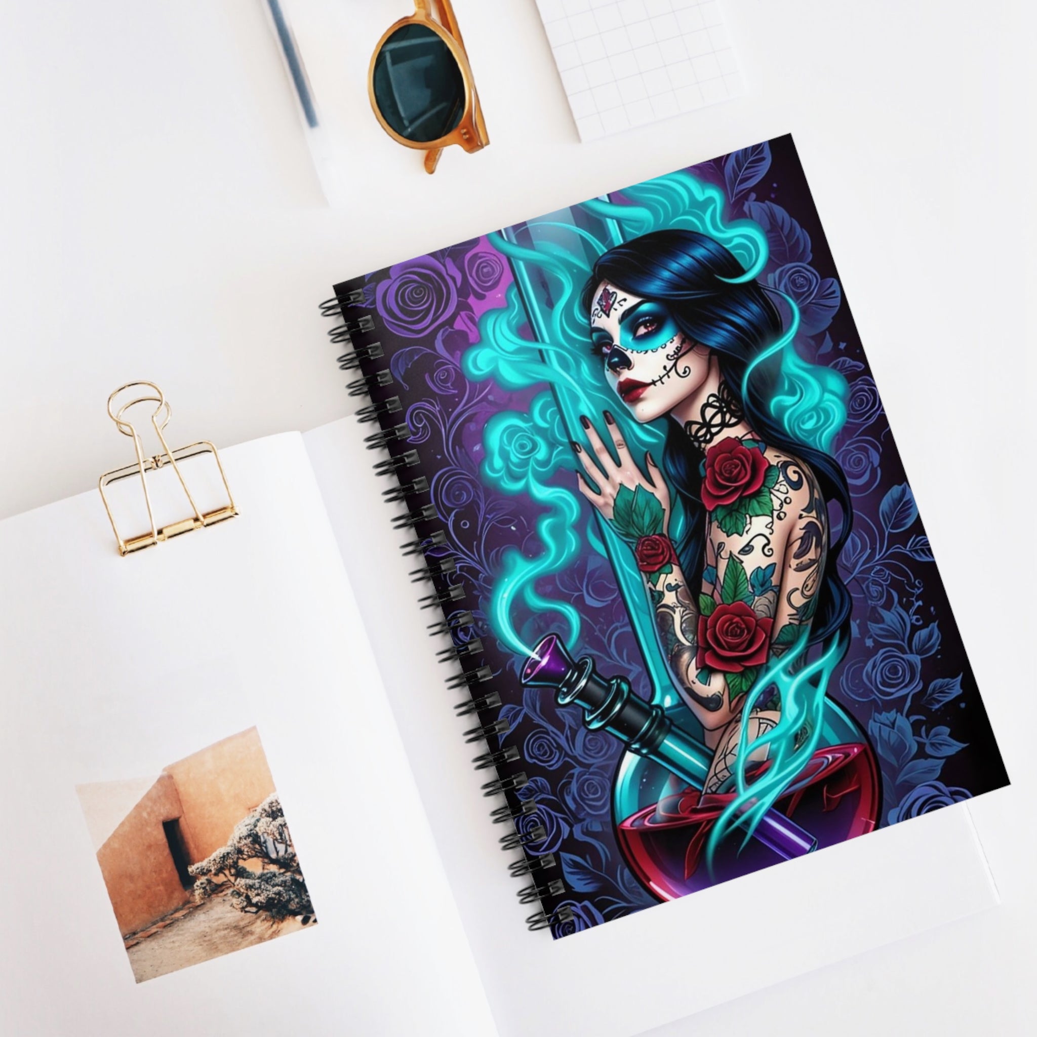 Sugar Skull Witch Notebook — Ruled Spiral Journal with Tattooed Day of the Dead Design