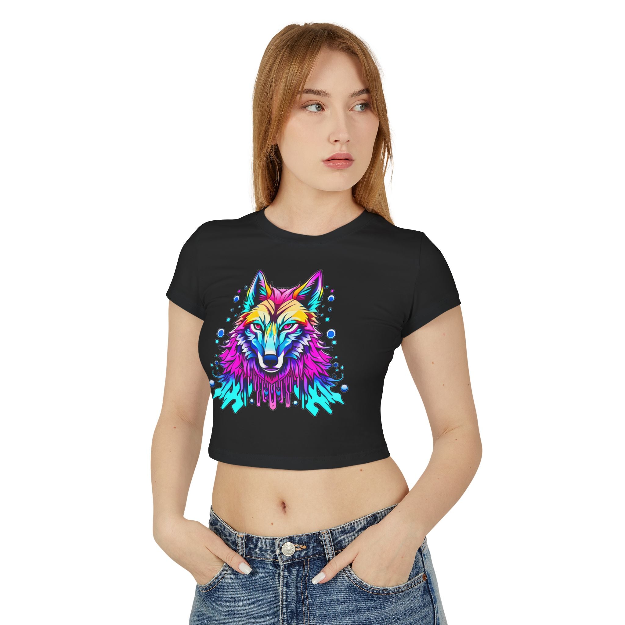 Colorful Wolf Women's Baby Tee — Vibrant Neon Wolf Graphic Crop Shirt