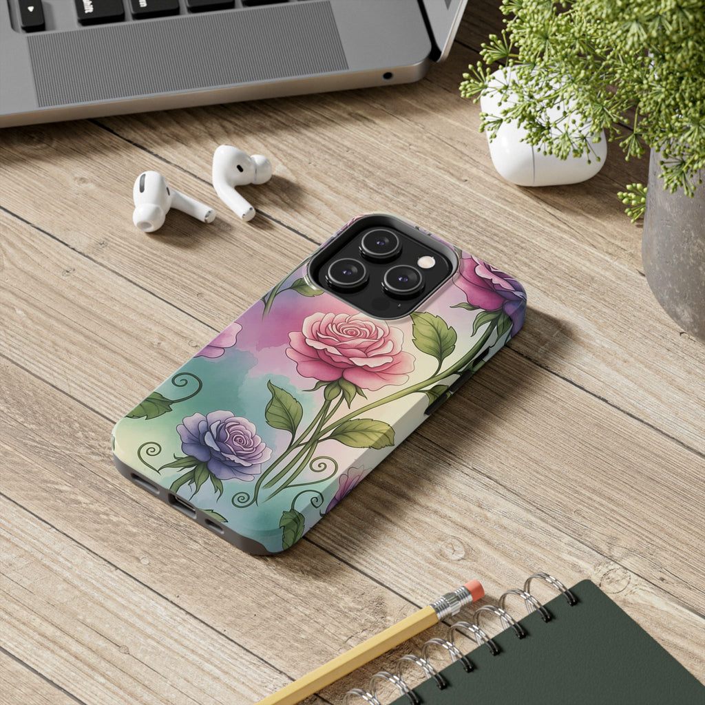 Floral Rose Tough Phone Case — Pastel Watercolor Protection
