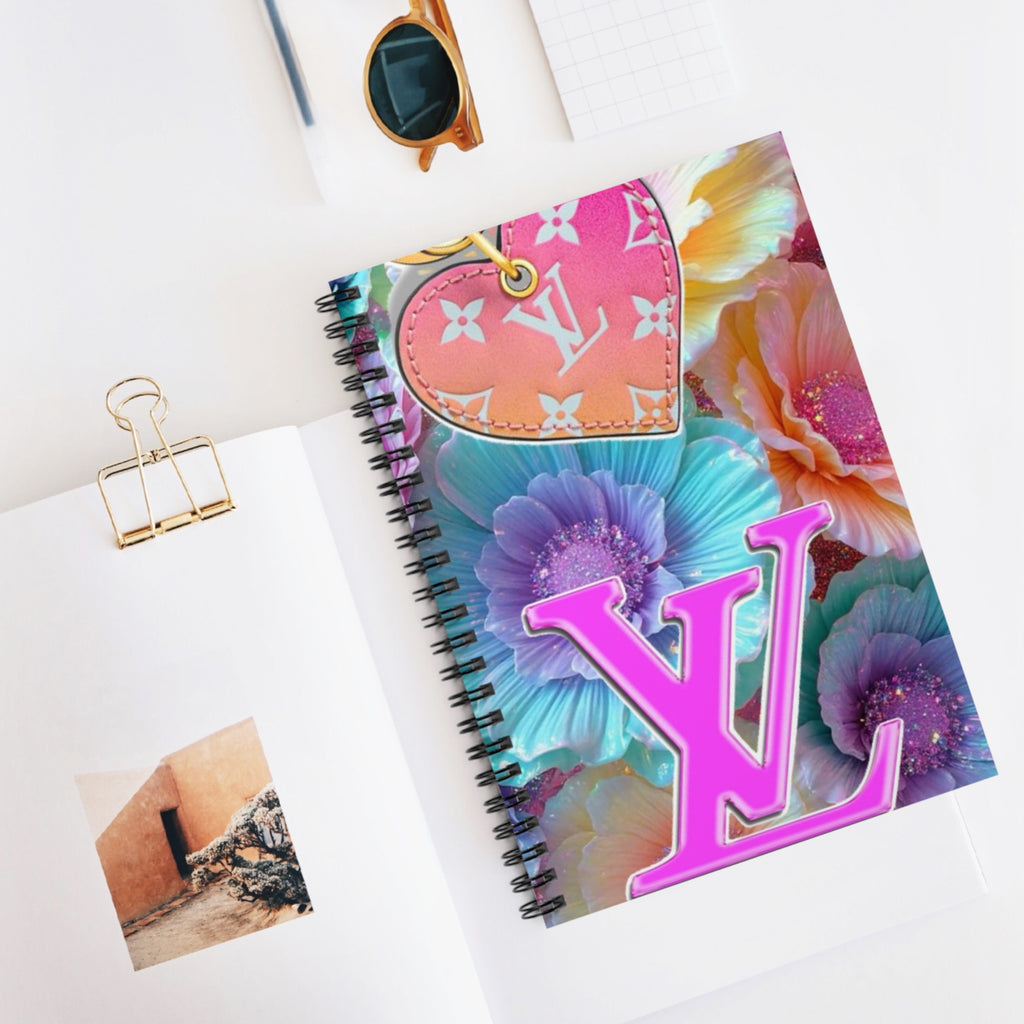 Floral Monogram Notebook — Pink LV Heart Spiral Ruled Journal