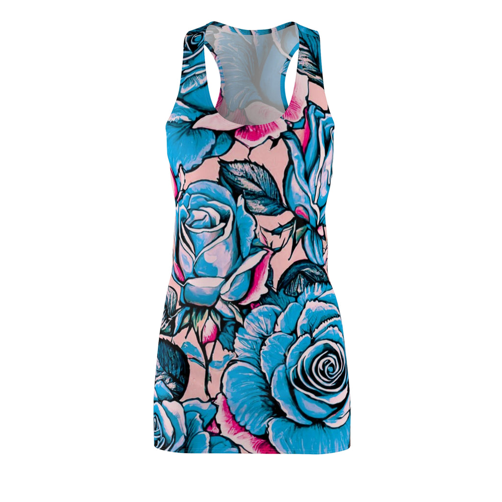 Blue Rose All-Over Print Racerback Dress — Floral Tattoo Style Sundress