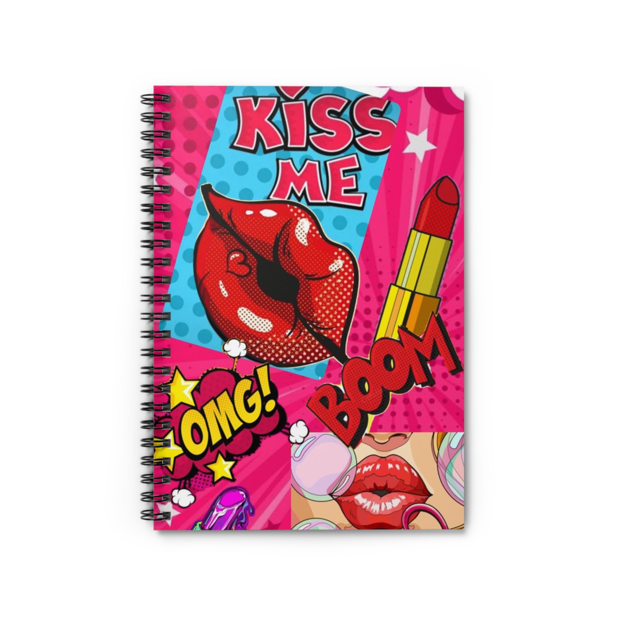 Pop Art 'Kiss Me' Spiral Notebook — Lipstick & Comic Graphic Ruled Journal