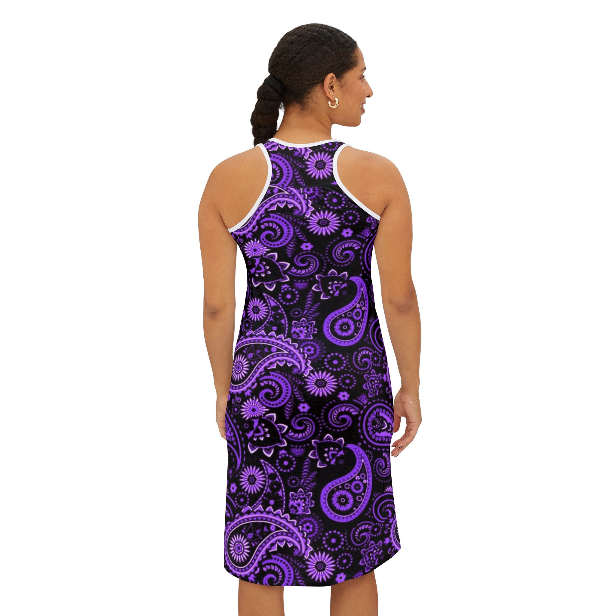 Purple Paisley Racerback Dress — Boho Floral AOP Shift Dress