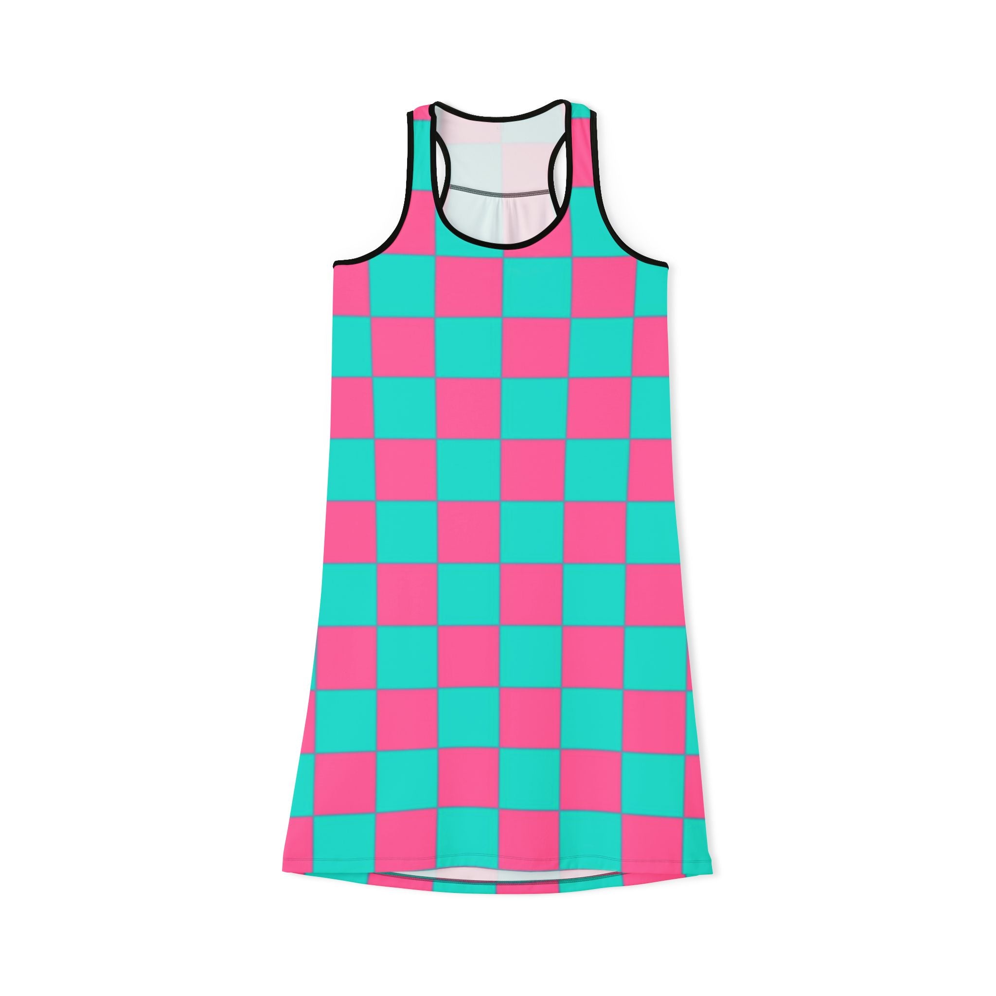 Checkerboard Racerback Dress — Pink & Teal All-Over Print