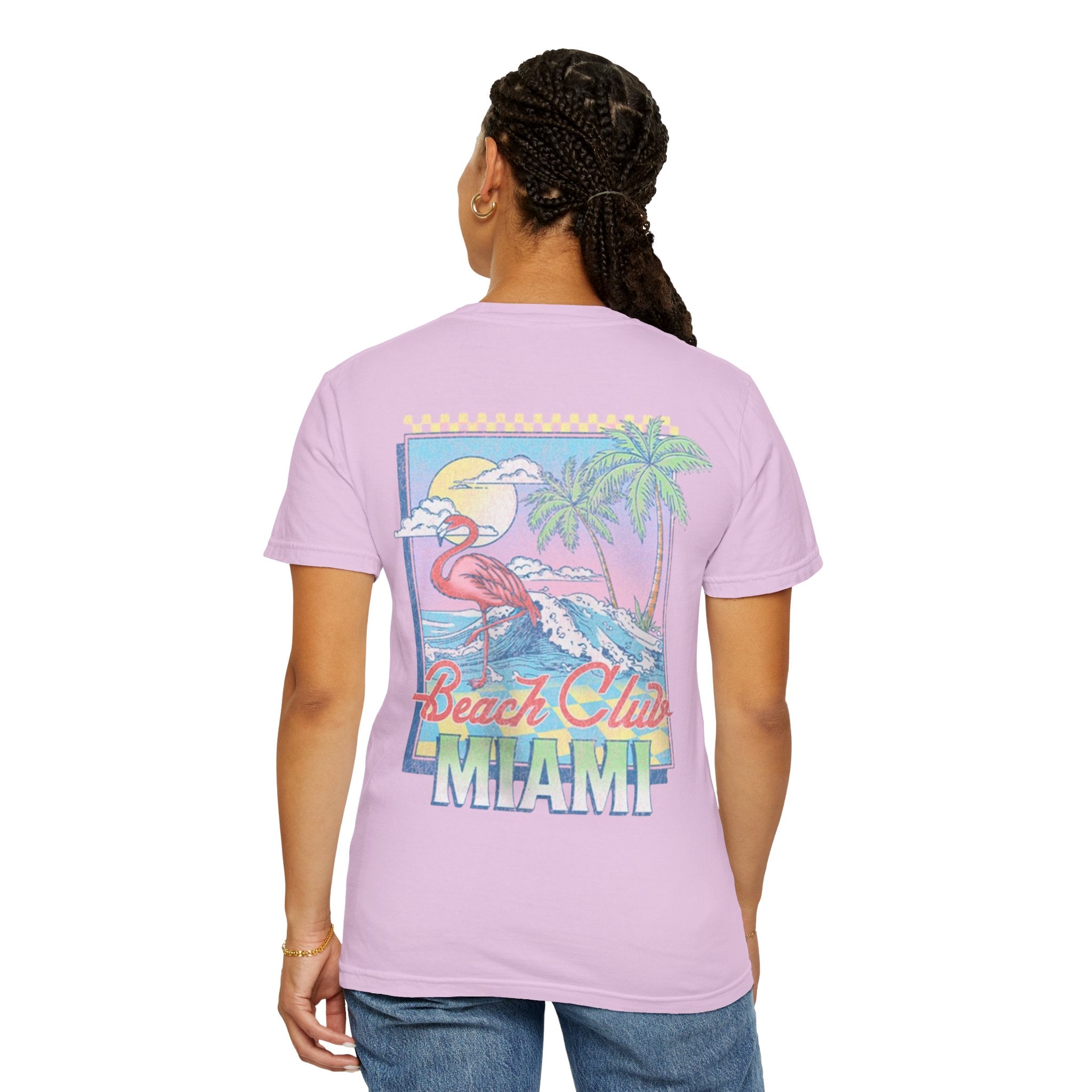 Miami Beach Club T‑Shirt — Retro Flamingo Tropical Floral Graphic Tee