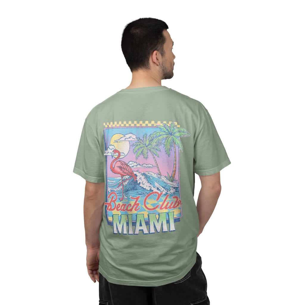 Miami Beach Club T‑Shirt — Retro Flamingo Tropical Floral Graphic Tee