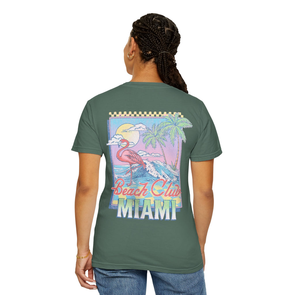 Miami Beach Club T‑Shirt — Retro Flamingo Tropical Floral Graphic Tee