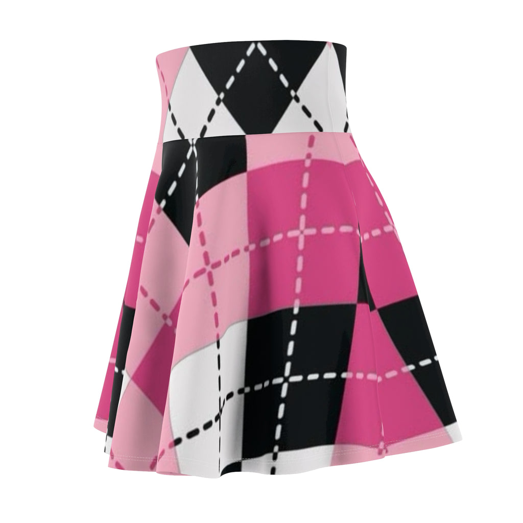 Pink Argyle Skater Skirt — Retro Plaid AOP Women's Circle Skirt