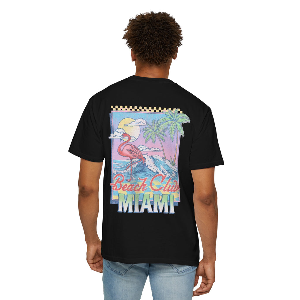 Miami Beach Club T‑Shirt — Retro Flamingo Tropical Floral Graphic Tee