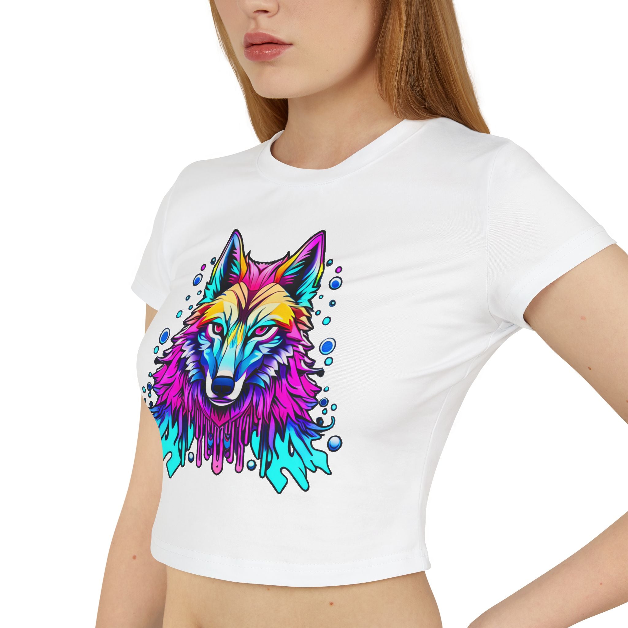 Colorful Wolf Women's Baby Tee — Vibrant Neon Wolf Graphic Crop Shirt