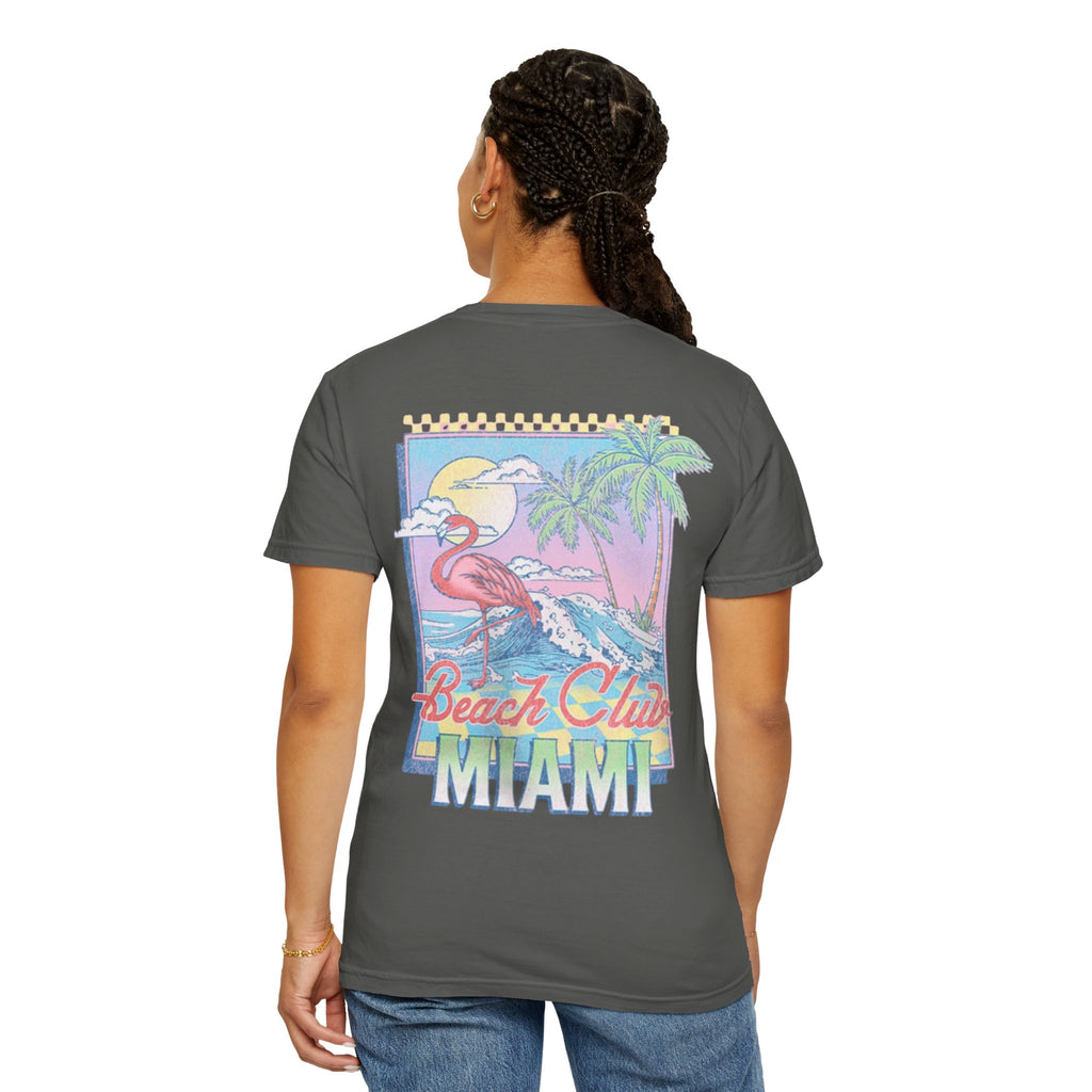 Miami Beach Club T‑Shirt — Retro Flamingo Tropical Floral Graphic Tee