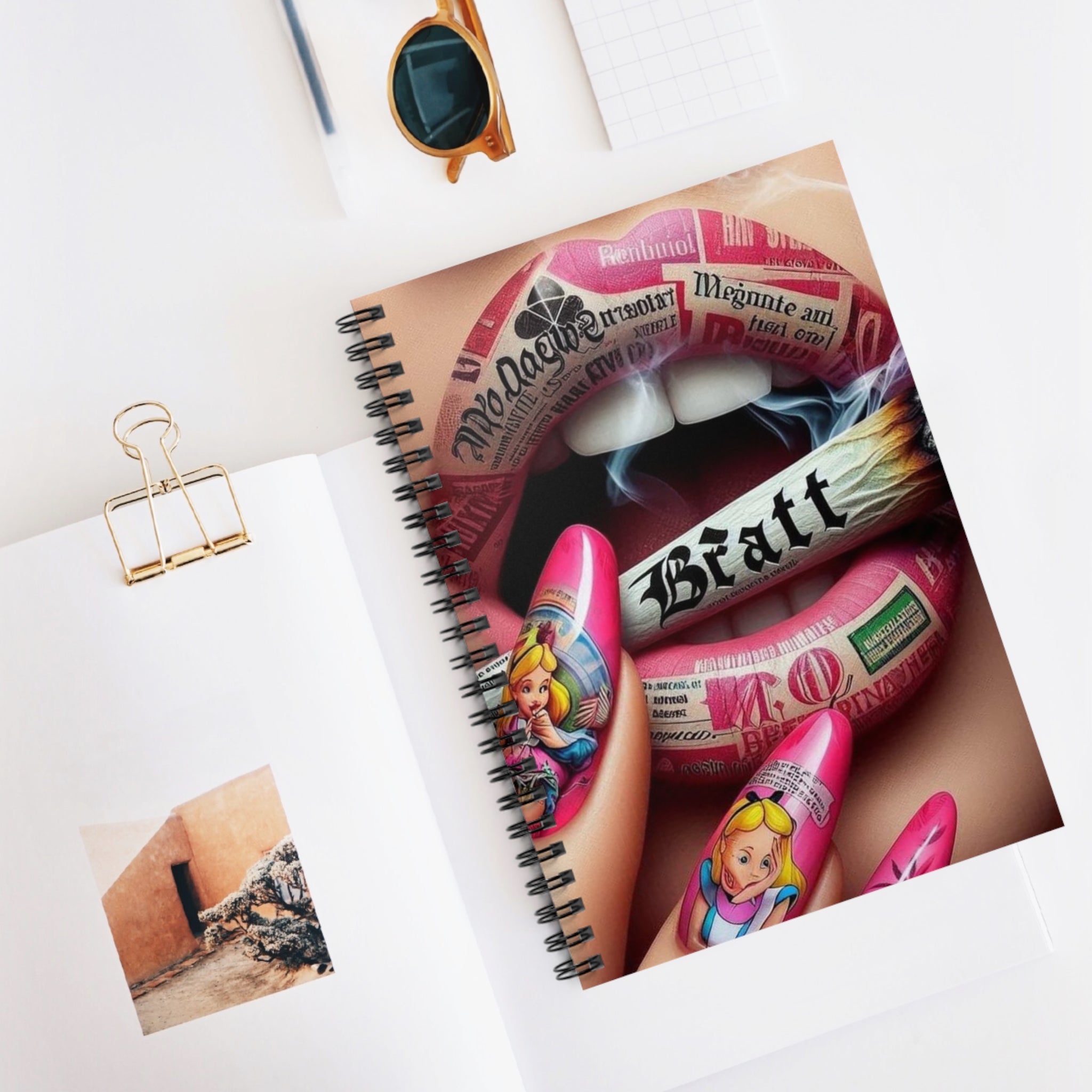 Bratt Lip Art Spiral Notebook — Edgy Tattooed Lips & Alice Nail Design, Ruled Journal
