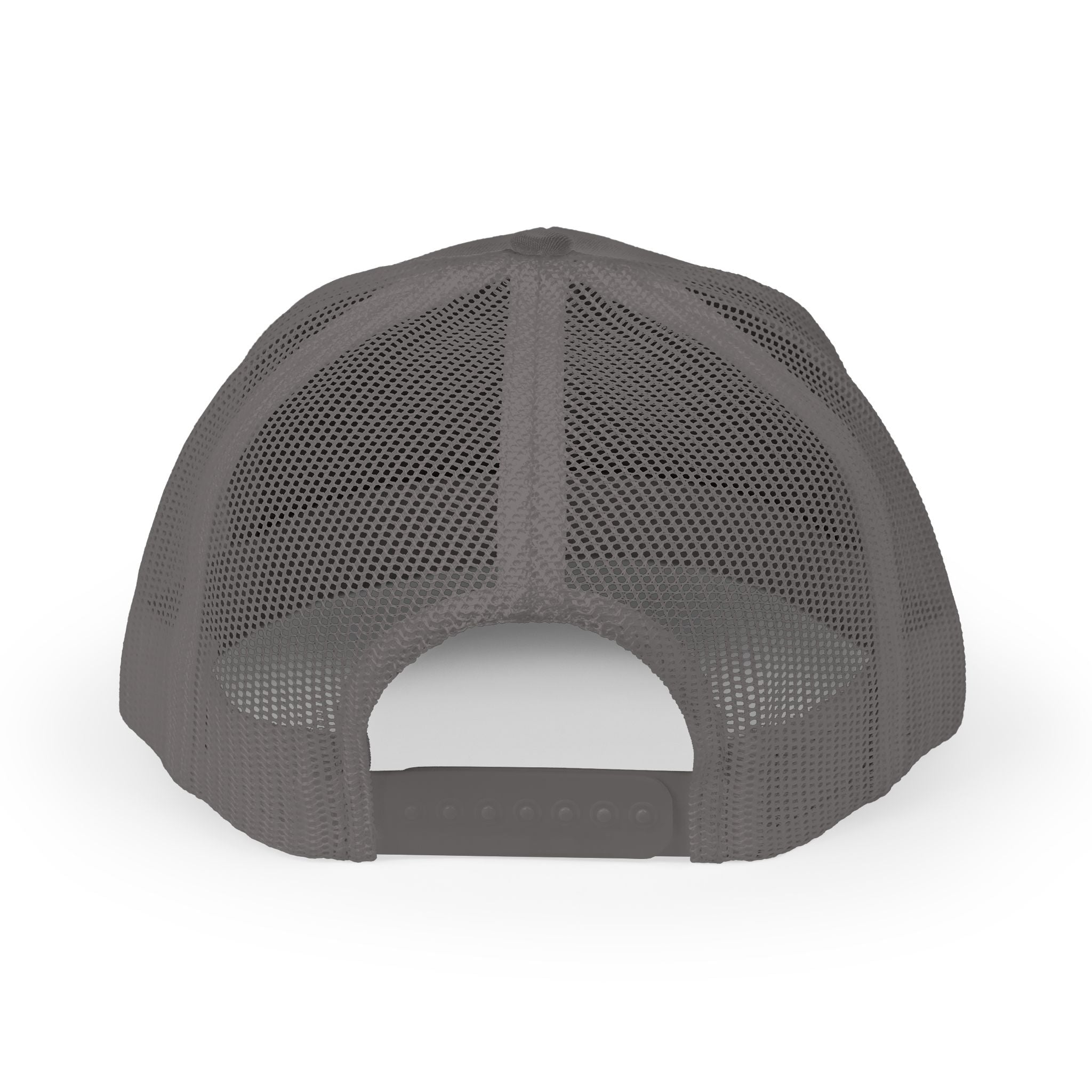 The 'Fish Round and Find Trout' Retro Fishing Cap is a gray mesh trucker hat with an adjustable snapback closure and breathable netting—ideal comfort for long fishing trips.