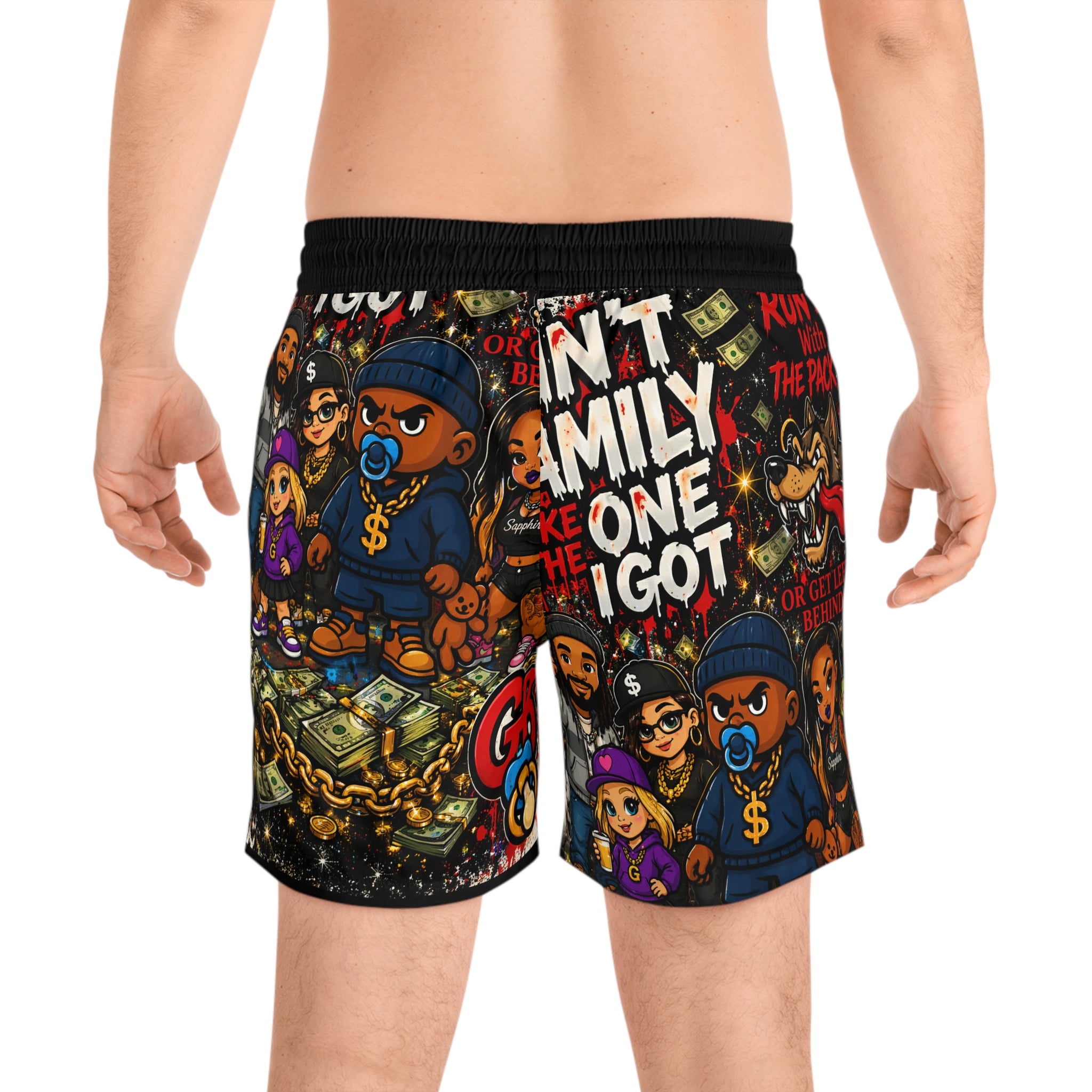 Ain't Family Swim Shorts - Bold Streetwear Cartoon All-Over Print