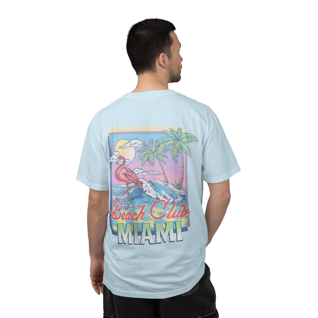 Miami Beach Club T‑Shirt — Retro Flamingo Tropical Floral Graphic Tee